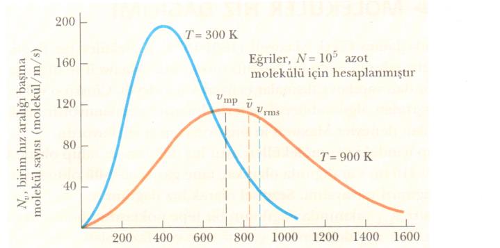 şekil 2. azot molekülü için, 300 к ve 900 к de hız dağılım fonksiyonu. her iki eğri altında kalan toplam alan, toplam molekül sayısına eşittir.